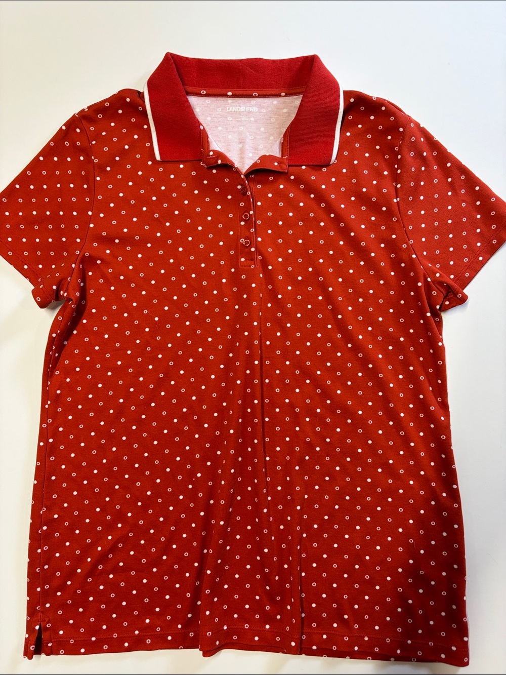 Lands’ End Rust Color Polka Dot Shirt Polo Women Large Casual Golf Top